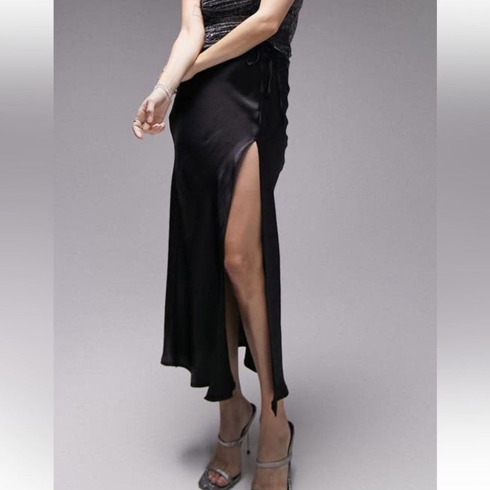 Topshop Tie Waist Satin Midi skirt